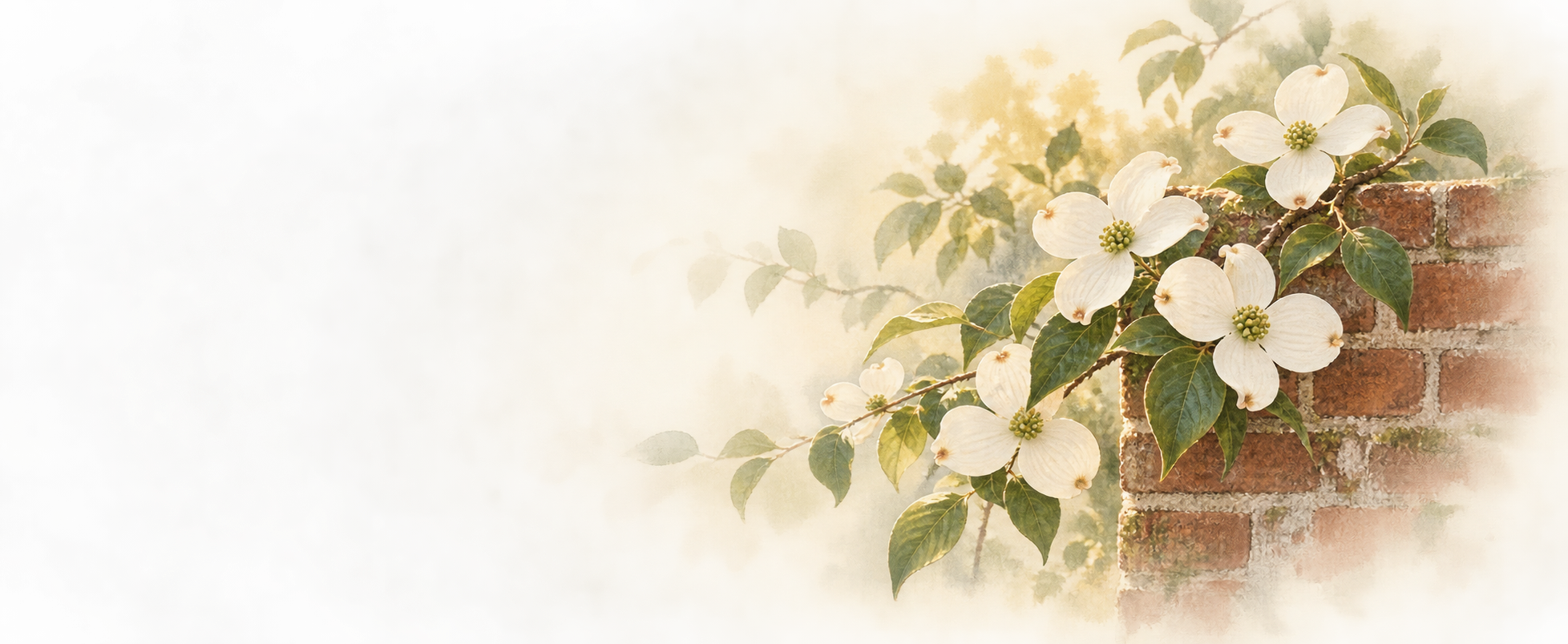 Watercolor dogwood blossoms growing beside a historic red brick wall